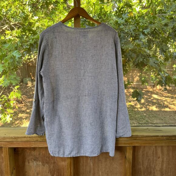 Flax Women's Black & White Check Print Long Sleeve Tunic Top 100% Linen Size M - Picture 2 of 9